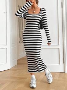 SHEIN EZwear Vestido ajustado de rayas de cuello cuadrado