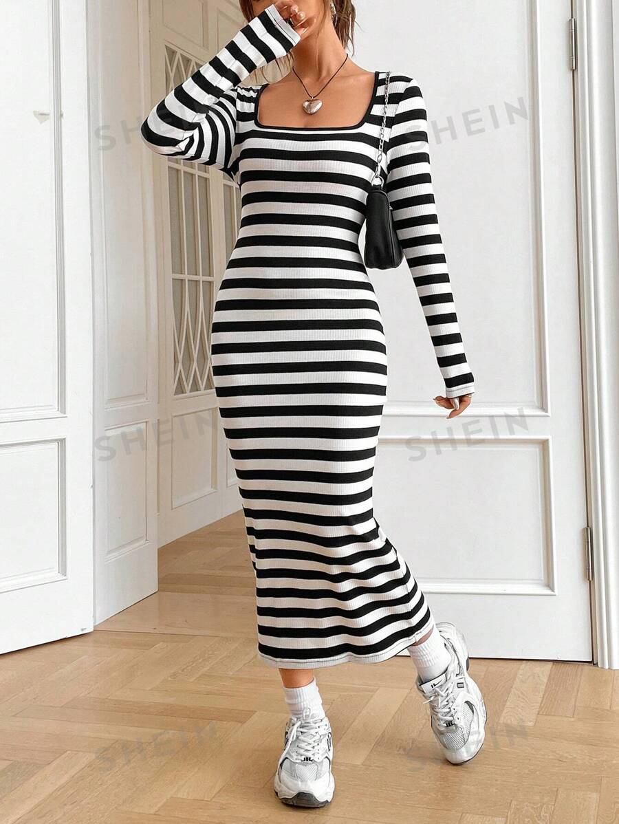 SHEIN EZwear Vestido ajustado de rayas de cuello cuadrado