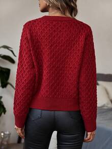 女士针织休闲通勤毛衣，菱形图案，圣诞新年时尚圆领长袖宽松上衣，适合秋冬季、返校季、秋季穿搭 - 紅色 - 查看 2