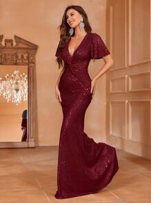 Plunging Neck Butterfly Sleeve Sequin Prom Dress - Burgundy - View 1