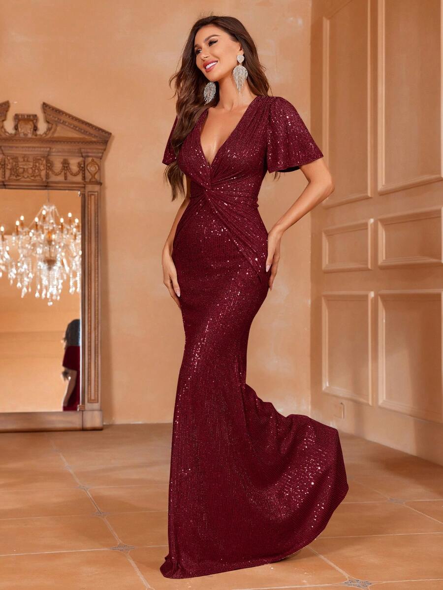 Plunging Neck Butterfly Sleeve Sequin Prom Dress - Burgundy - View 1
