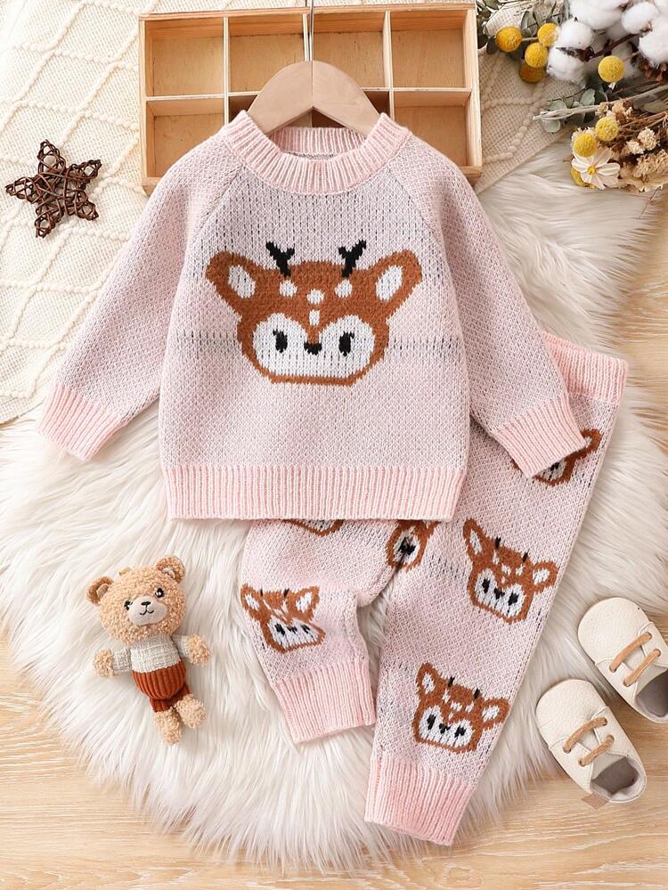 Baby Girl Cartoon Pattern Raglan Sleeve Sweater & Knit Pants