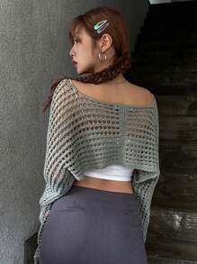 DAZY 1pc Lace Up Front Crop Open Knit Cardigan Sheer - Green - View 2