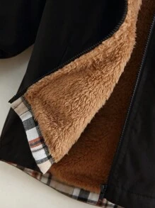 SHEIN 男小童格紋內襯字母圖案連帽加絨內裏外套 - 黑色 - 查看 4
