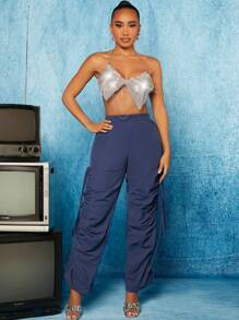 SHEIN SXY Pantalones con cordón lateral fruncido - Azul - Ver 5