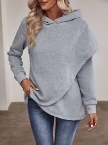 SHEIN LUNE 素色圍裹下擺連帽衛衣 - 灰色 - 查看 6