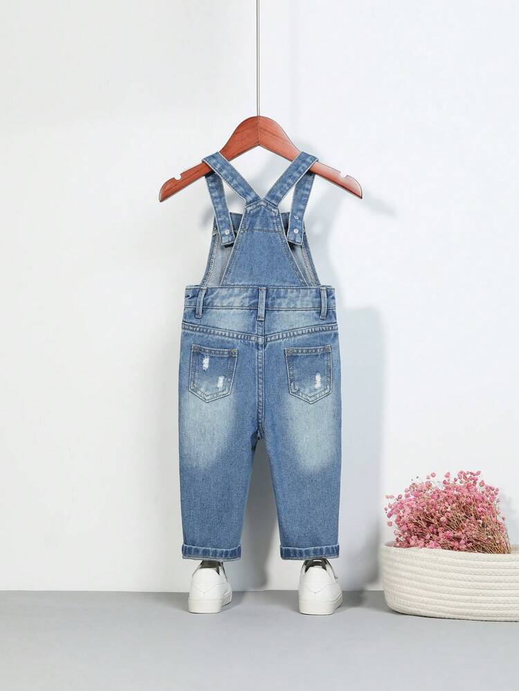 Baby Boy 1pc Bear Patched Detail Ripped Denim Overalls