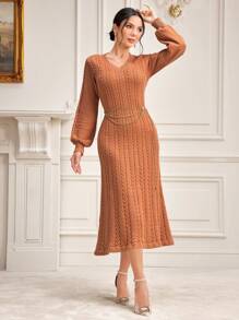 Modelyn Solid V Neck Lantern Sleeve Sweater Dress Without Belt Fall Cloth For Women - Coral Pink - View 1