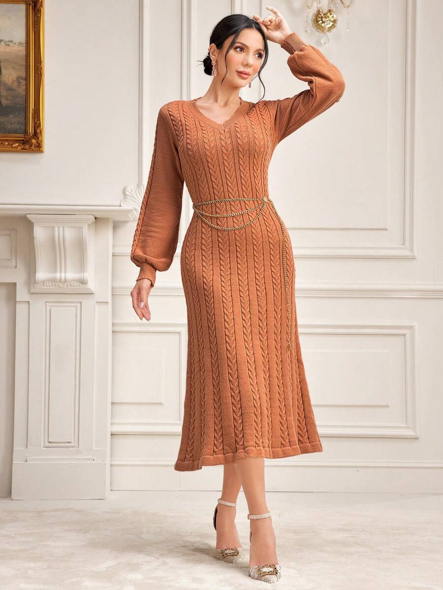 Modelyn Solid V Neck Lantern Sleeve Sweater Dress Without Belt Fall Cloth For Women - Coral Pink - View 1