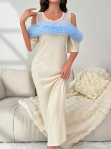 Women Nightgowns & Sleepshirts Kontras Faux Fur Kontras Mesh Ruffle Blok Warna Cantik-Mewah - Aprikot - View 6