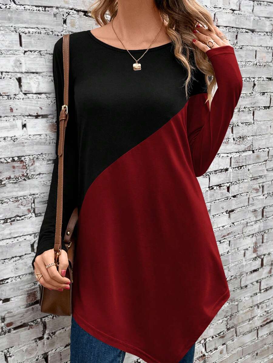 SHEIN LUNE Hai âm Viền không đối xứng Áo thun - Màu Đỏ Sâu - Xem 1