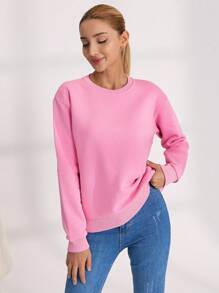 EURMUSE Women's Letter Embroidery Round Neck Drop Shoulder Sweatshirt - Pink - View 5