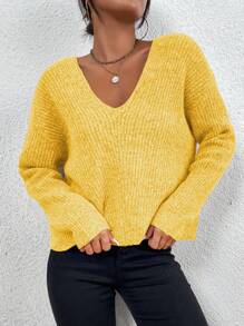 SHEIN LUNE Jersey de cuello V de hombros caídos tejido de canalé - Amarillo - Ver 6