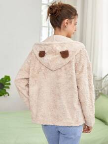 SHEIN EZwear 星星刺繡抽繩連帽絨毛外套 - 卡其色 - 查看 2