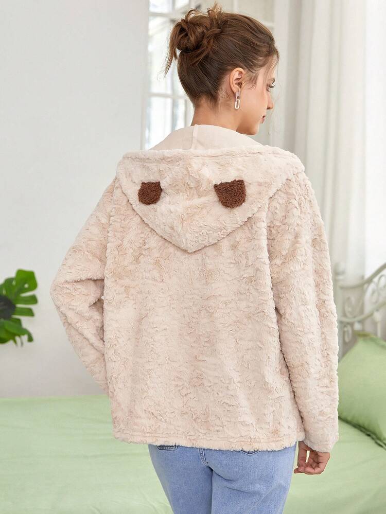 Star Embroidery Drawstring Hooded Teddy Coat