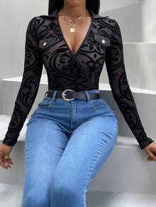 SHEIN SXY Flocked Mesh Bodysuit - Black - View 3