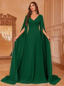 Faeriesty 褶饰前襟斗篷袖雪纺礼服 - 墨綠色 - 查看 4