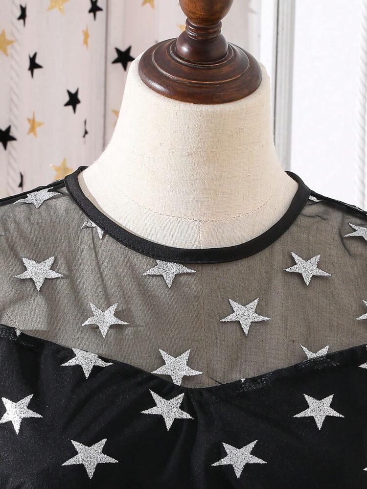 Teen Girl Star Print Mesh Overlay Dress