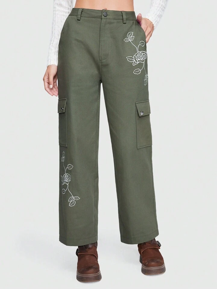 Our Fairycore Floral Embroidery Flap Pocket Side Cargo Pants is