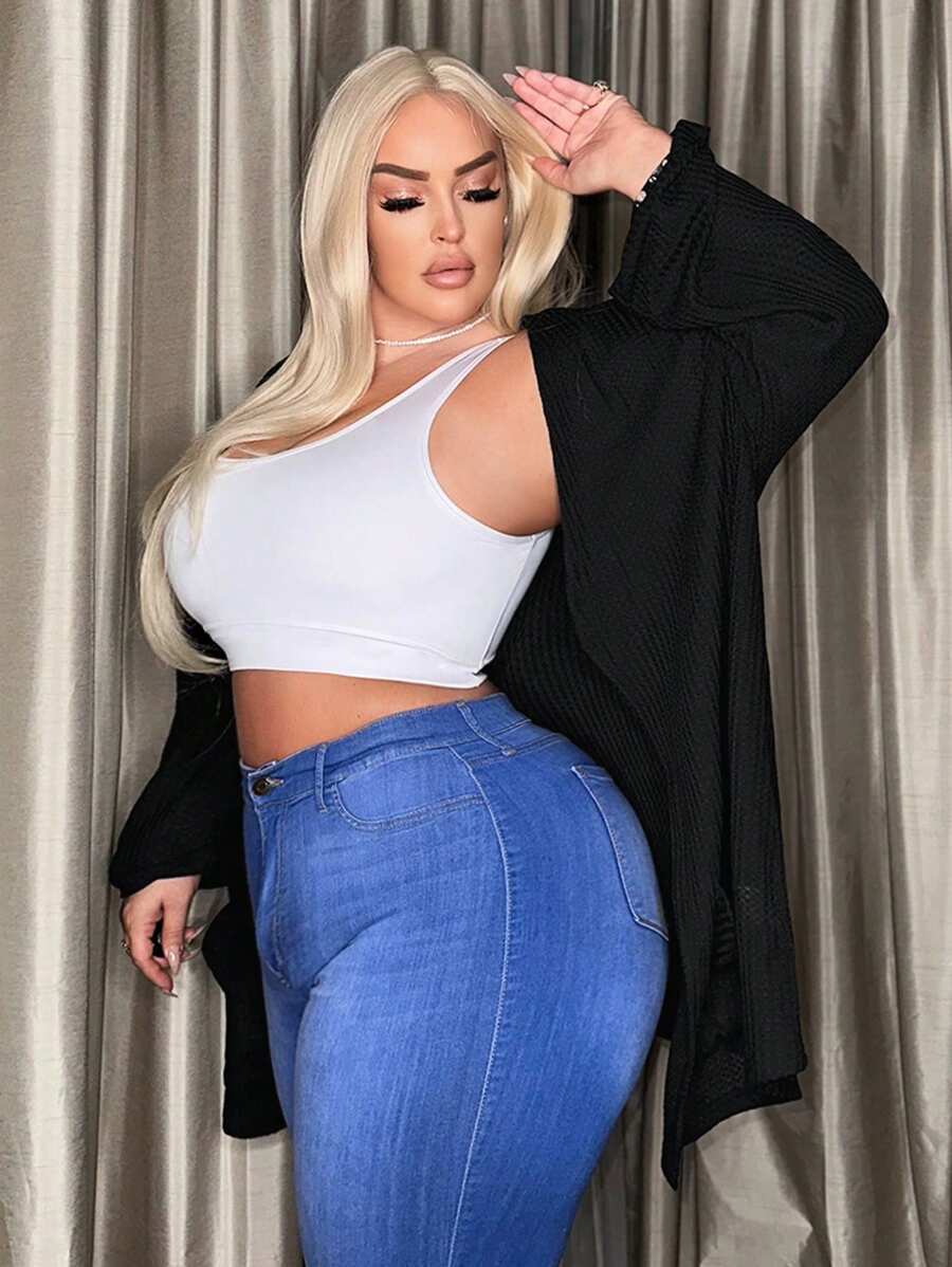 SHEIN SXY Plus Drop Shoulder Open Front Coat - Black - View 1