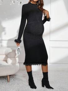 SHEIN Maternity Fuzzy Cuff Tee & Split Thigh Skirt, For Winter - Black - View 4