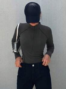 DAZY Women's Brushed Long Sleeve Fitted Casual Half-Zip T-Shirt, Street Style, Autumn/Winter - Grey - View 4