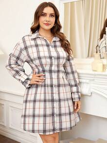 SHEIN Franclia Plus Plaid Print Button Front Shirt Dress - Multicolor - View 3