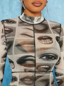 SHEIN SXY 人像圖案頂針小高領緊身洋裝 - 彩色 - 查看 7