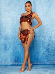 SHEIN SXY Sequin Decor One Shoulder Top & Split Thigh Skirt - Coral Orange - View 6