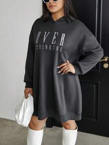 SHEIN Essnce Hơn Đồ họa Chữ cái Thả vai Đàm áo cánh có mũ - Xám - Xem 4