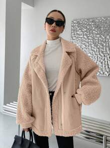 DAZY Lapel Neck Raglan Sleeve Teddy Coat Women Jacket,Fall Women Clothes - Khaki - View 1