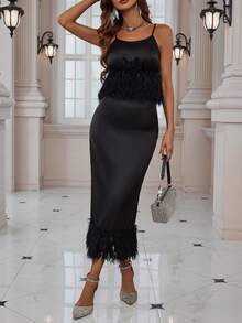 SHEIN Clasi 毛茸邊緞面吊帶上衣&半身裙 - 黑色 - 查看 3