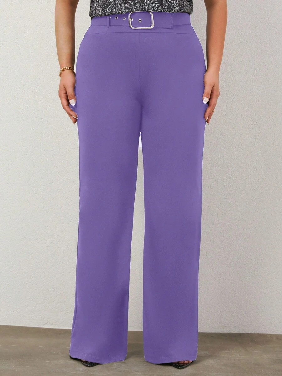 RueChic Plus Solid Belted Flare Leg Pants - Purple - View 1