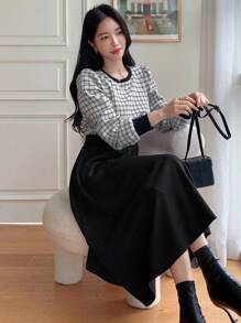 DAZY 格纹印花撞色绑带 A 字裙，秋季连衣裙长袖连衣裙