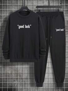 Manfinity Homme Men's Plus Size Cartoon & Letter Printed Sweatshirt And Sweatpants Set - Black - View 2