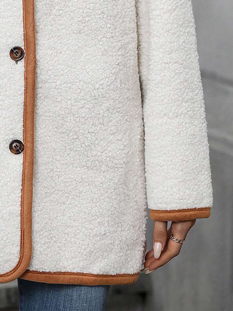 Contrast Binding Button Front Teddy Coat Without Belt