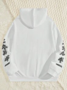 EASEVO Men Plus Japanese Letter & Chinese Dragon Graphic Drawstring Hoodie - White - View 2