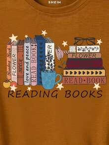 SHEIN EZwear Book & Letter Graphic Tee - Brown - View 3