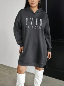 SHEIN Essnce Hơn Đồ họa Chữ cái Thả vai Đàm áo cánh có mũ - Xám - Xem 6