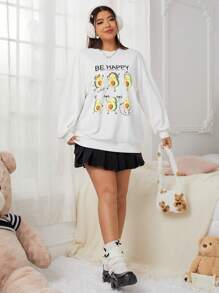 SHEIN EZwear Plus Size Guacamole & Letter Print Drop Shoulder Sweatshirt