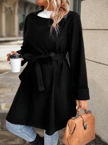 SHEIN LUNE Plus Solid Belted Overcoat - Black - View 5