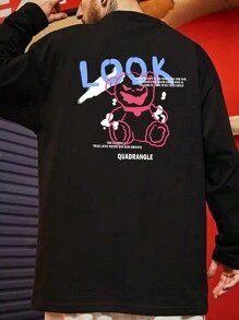 Men Cartoon & Slogan Graphic Drop Shoulder Tee - Black - View 1