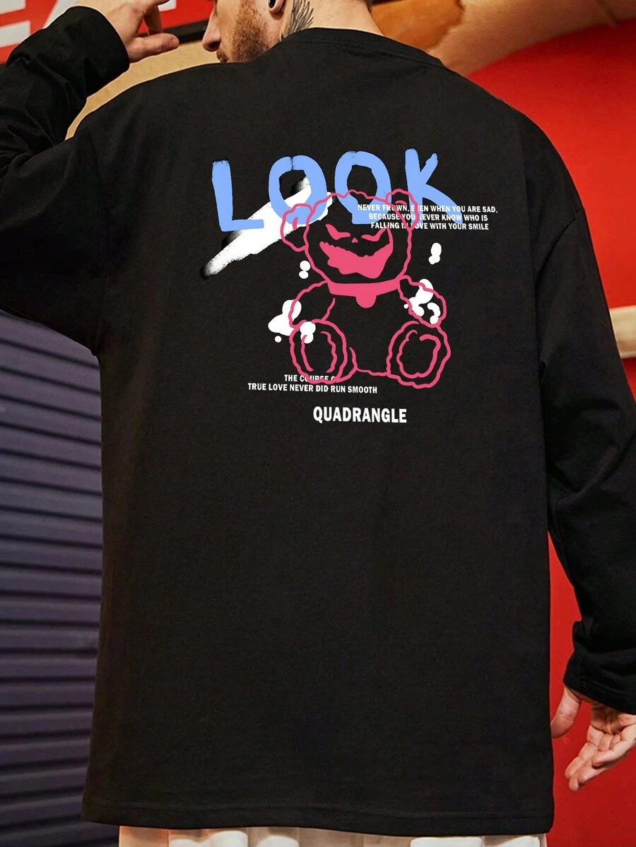 Men Cartoon & Slogan Graphic Drop Shoulder Tee - Black - View 1