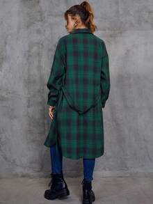 SHEIN EZwear Plaid Print Drop Shoulder Flap Detail Button Front Shirt - Green - View 2