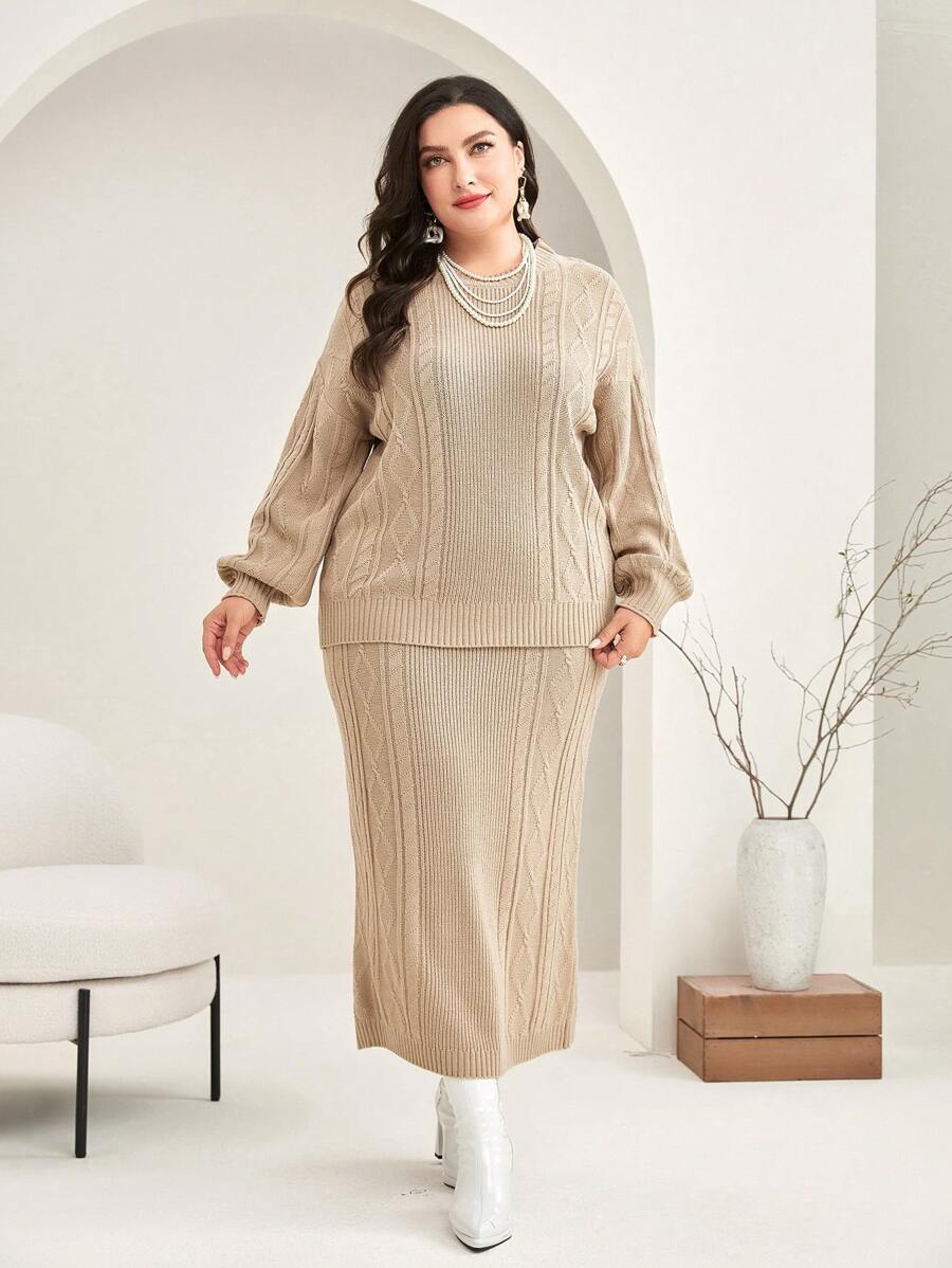 Modelyn Plus Cable Knit Drop Shoulder Sweater & Knit Skirt 2-delat set