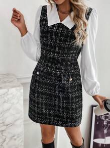 SHEIN LUNE 格紋圖案拼接領燈籠袖假兩件洋裝不附腰帶 - 彩色 - 查看 4