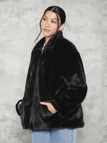 Chica adolescente Abrigo teddy con bordado de letra de hombros caídos - Negro - Ver 4