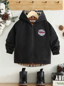 SHEIN 男小童格紋內襯字母圖案連帽加絨內裏外套 - 黑色 - 查看 6