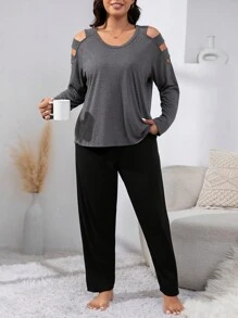 大碼鏤空插肩袖睡衣套裝 - 彩色 - 查看 6