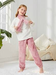 SHEIN 女大童素色法蘭絨上衣和褲子&圍巾 - 粉色 - 查看 4